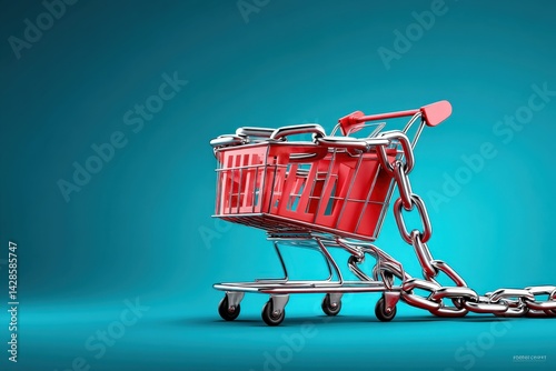 Obraz na płótnie Red Shopping Cart with Chains on Blue Background Concept of Restraint w salonie