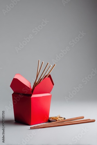 Obraz na płótnie Red Takeout Box with Chopsticks and Noodles on Grey Background w salonie
