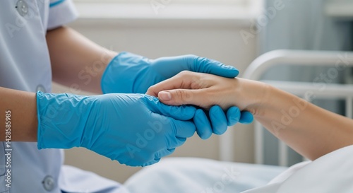 Nurse in blue gloves comforting a patient in a hospital room  