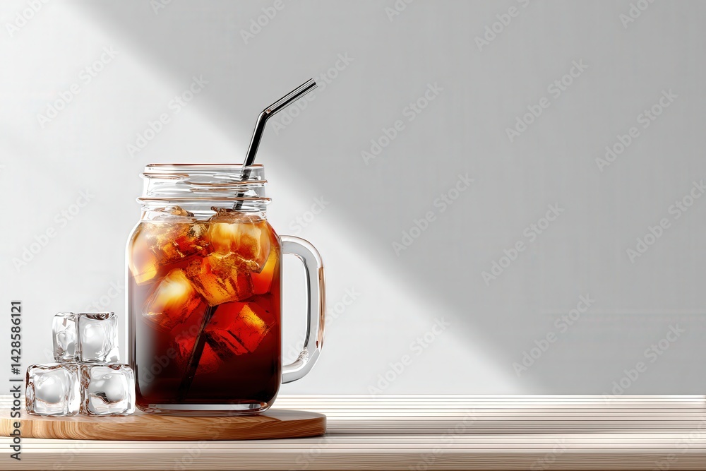Refreshing Dark Iced Beverage in a Glass Jar with Straw and Ice Cubes