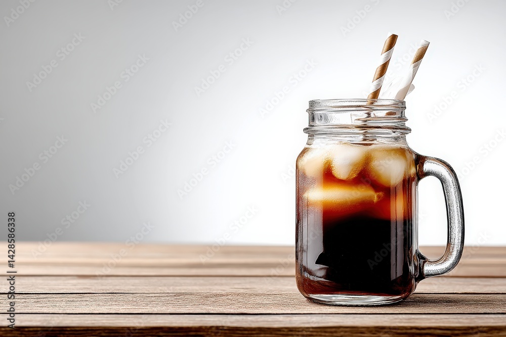 Refreshing iced coffee in glass jar with striped straws on wood