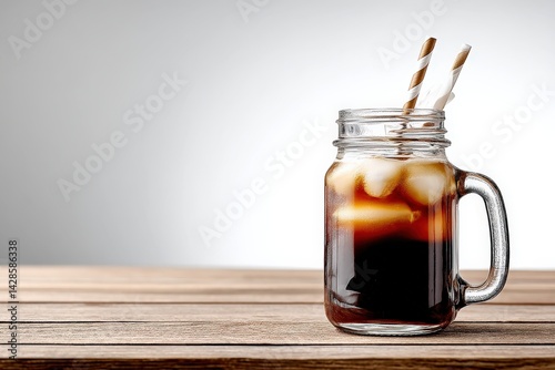 Obraz na płótnie Refreshing iced coffee in glass jar with striped straws on wood w salonie