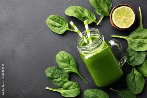 Refreshing Green Smoothie with Spinach and Lime on Dark Background