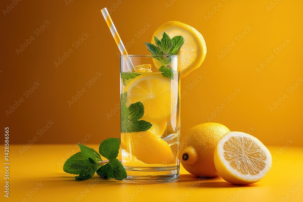 Refreshing Lemonade Drink with Mint on Vibrant Yellow Background