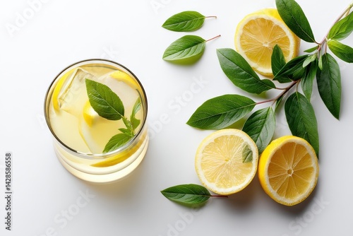Obraz na płótnie Refreshing Lemonade Drink with Fresh Lemons and Green Leaves w salonie