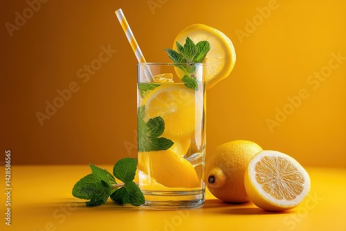 Obraz na płótnie Refreshing Lemonade Drink with Mint on Vibrant Yellow Background w salonie