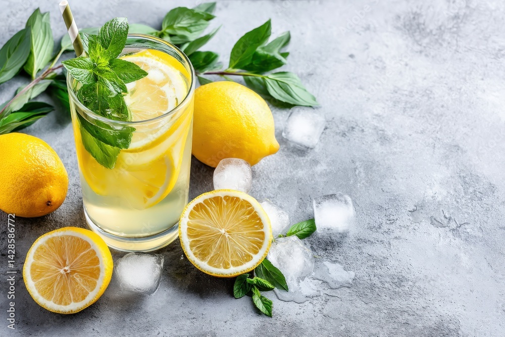 Refreshing Lemonade Drink with Slices and Mint on Gray Background