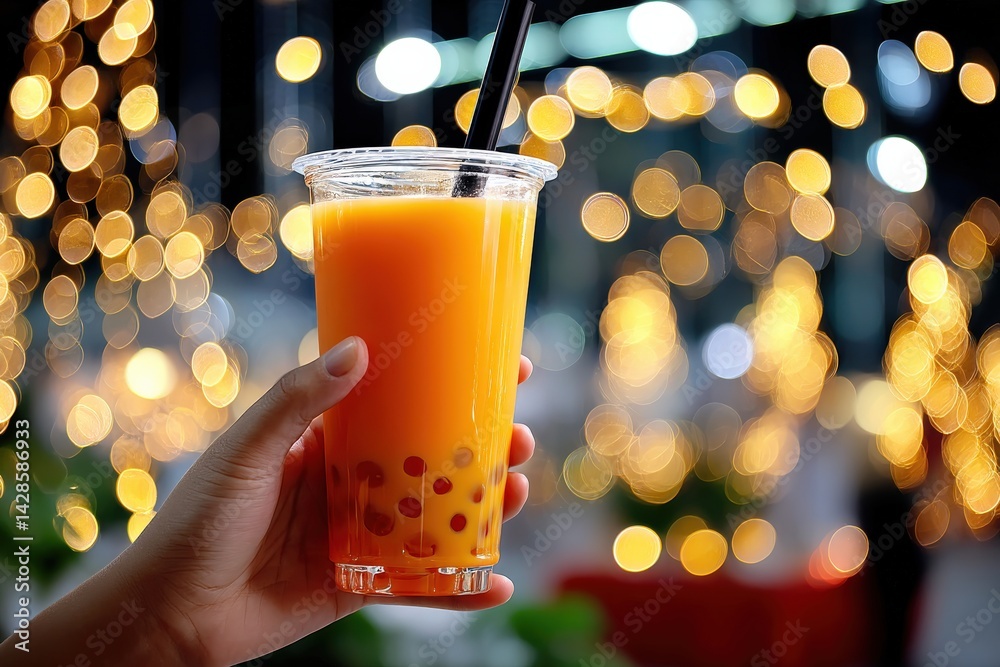 Refreshing Orange Drink with Bubbles and Blurry Lights Background