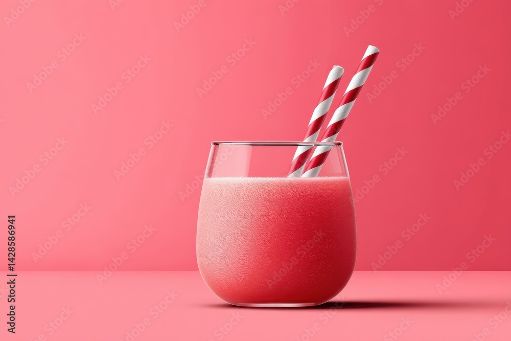 Refreshing Pink Smoothie in Elegant Glass with Straws on Pink Background