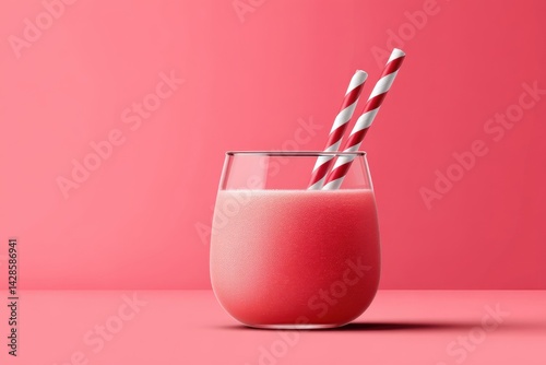 Obraz na płótnie Refreshing Pink Smoothie in Elegant Glass with Straws on Pink Background w salonie