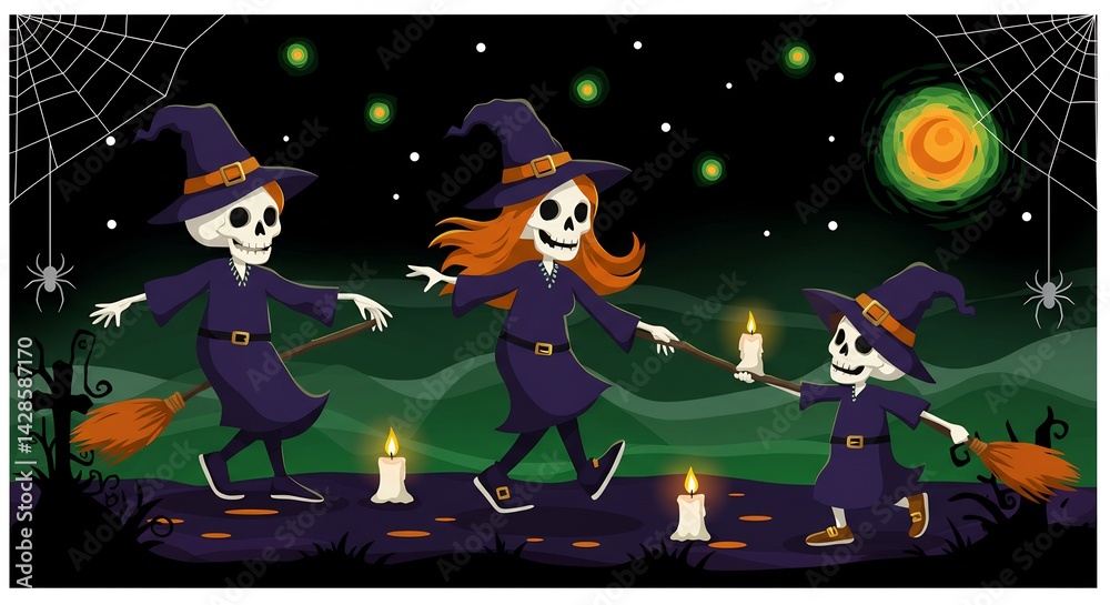 Naklejka premium Three Skeleton Witches Dancing at Night with Broomsticks and Candles