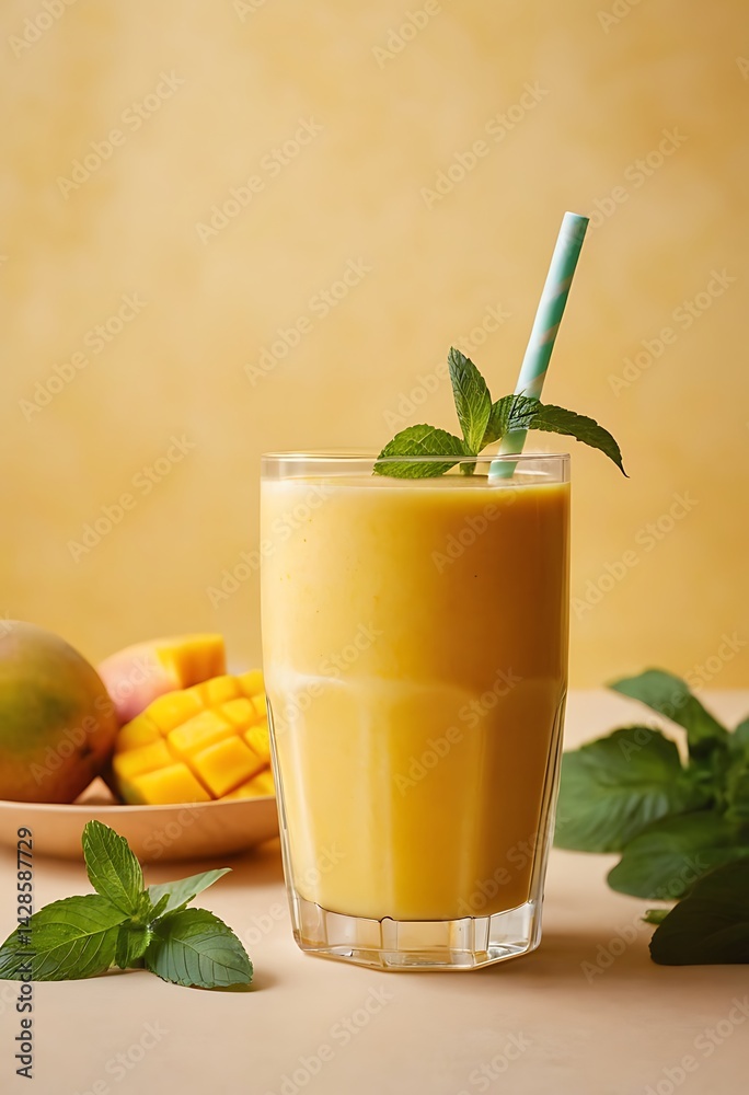 Fresh delicious mango juice smoothie in a glass on table background Fresh delicious mango juice smoothie in a glass on table background
