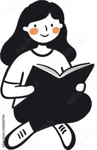 Young girl enjoys reading a book while sitting on the floor cartoon isolated on transparent background. Vector illustration.