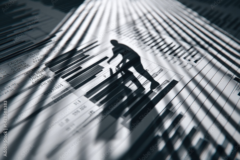 Shadow of a Worker on Financial Documents and Charts in Black and White