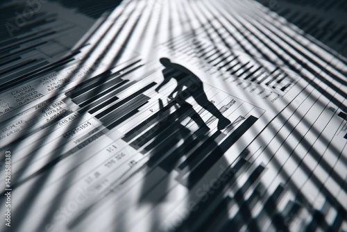 Obraz na płótnie Shadow of a Worker on Financial Documents and Charts in Black and White w salonie