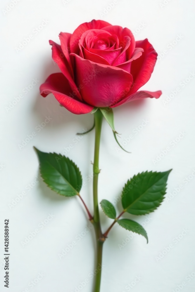 Naklejka premium Single perfect rose, vibrant petals, white backdrop, texture, romance