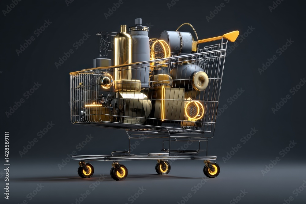 Shopping Cart Filled with Modern Technology Items and Equipment