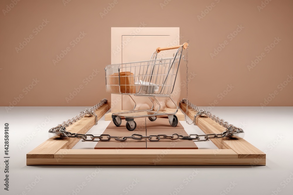 Shopping Cart on Trap with Chains Symbolizing Consumer Caution