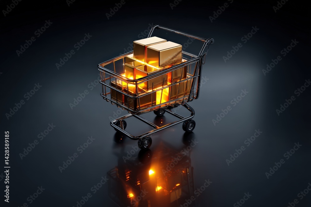 Shopping Cart with Golden Gift Boxes on Dark Background