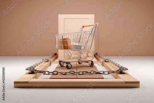 Obraz na płótnie Shopping Cart on Trap with Chains Symbolizing Consumer Caution w salonie