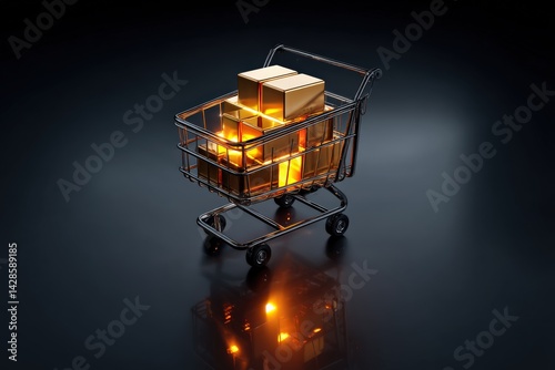 Obraz na płótnie Shopping Cart with Golden Gift Boxes on Dark Background w salonie