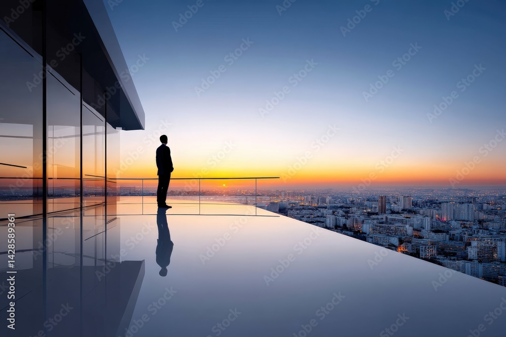 Silhouette of Businessman at Sunset on Modern Rooftop Balcony