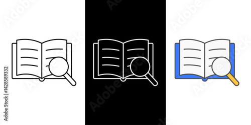 Book with magnifying glass icon set in outline, dark mode, and color styles. Ideal for research, study, digital library search, and educational content.
