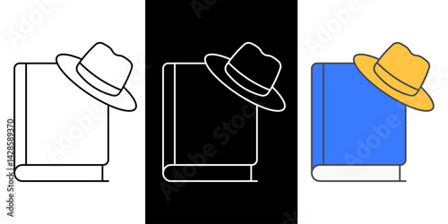 Book with detective hat icon set in outline, dark mode, and color styles. Great for mystery books, crime stories, investigations, or detective-themed content.