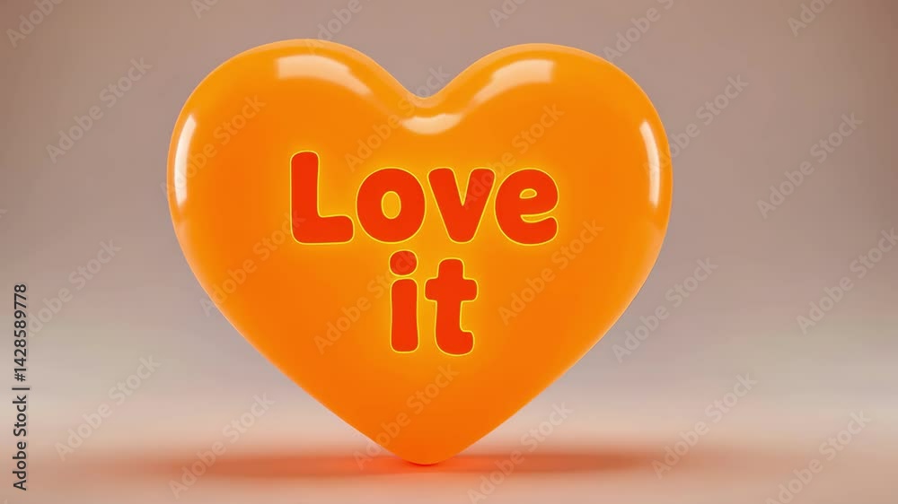A shiny, orange heart with the glowing text 