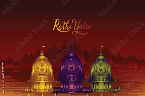 Beautiful chariot for happy rath yatra with lord jagannath balabhadra and subhadra vector illustration