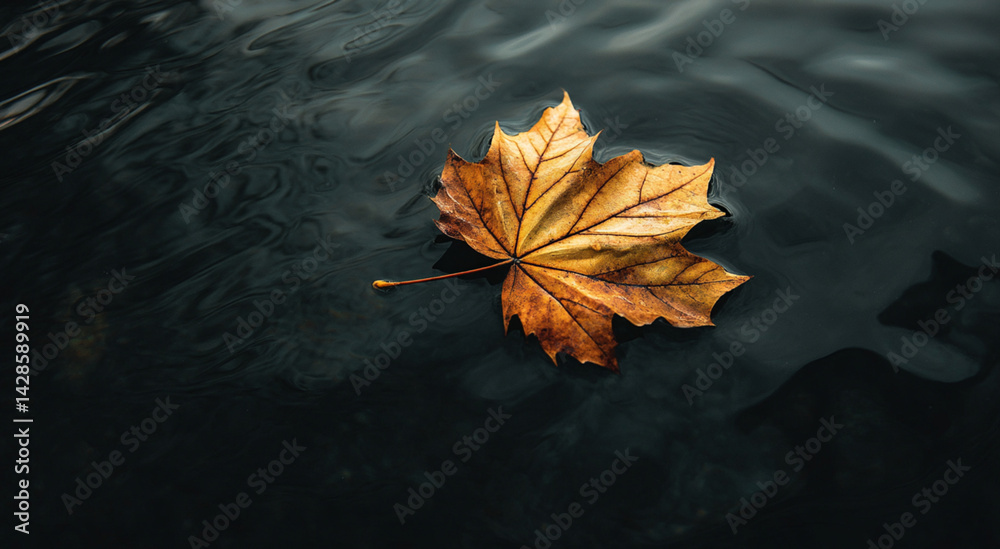 A single, golden-brown maple leaf floats on the dark, rippled surface of water with copy space for text