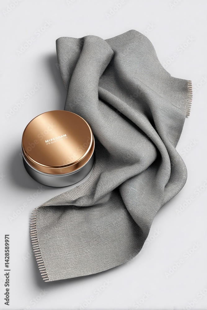 Simple Composition of Cream Jar with Soft Gray Fabric Background