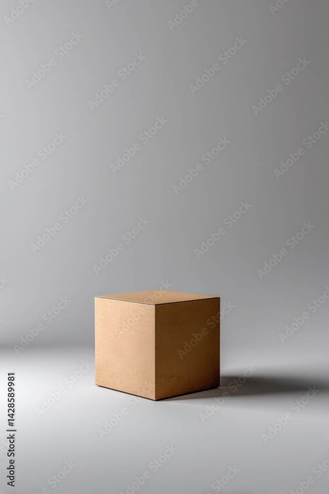 Simple Wooden Cube on Gray Background with Soft Light Shadows