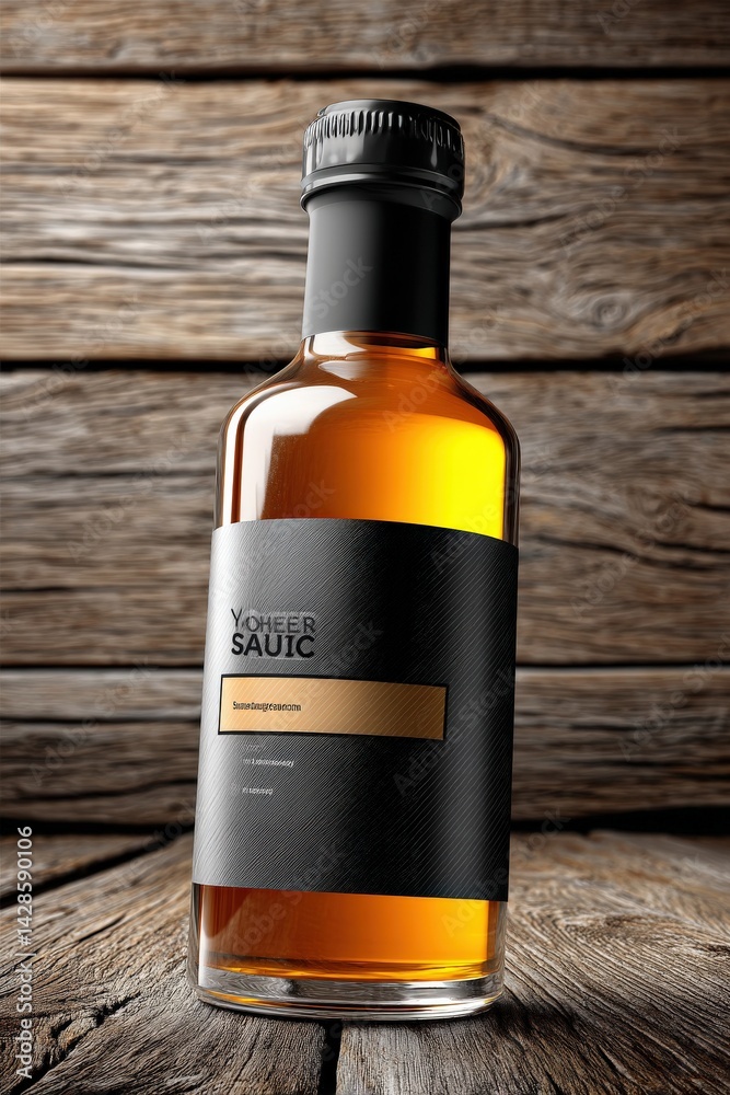 Single Bottle of Premium Liquid on Rustic Wooden Table Surface