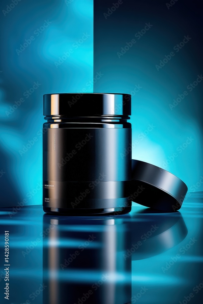 Sleek Black Cosmetic Jar with Lid on Reflection Surface and Blue Background