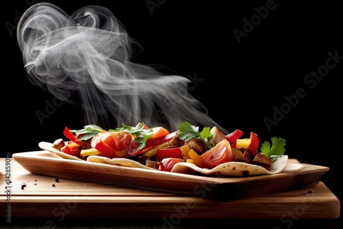 Obraz na płótnie Sizzling Vegetable Dish with Smoke on Dark Background Presentation w salonie