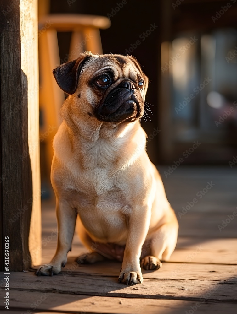 Obraz premium Cute Pug Portrait: Adorable Small Breed Dog in Natural Indoor Light at Home