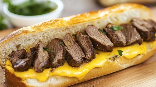 Deliciously seasoned lamb slices nestled in a cheesy sub sandwich.