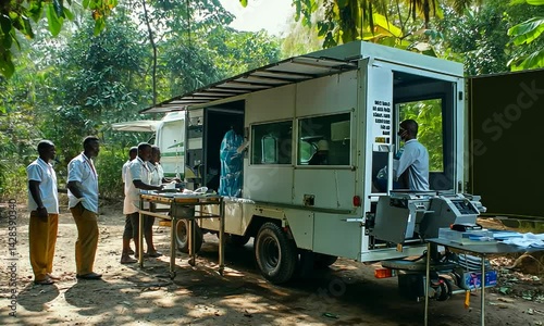 Mobile healthcare unit providing medical services in a rural area with patients waiting outside