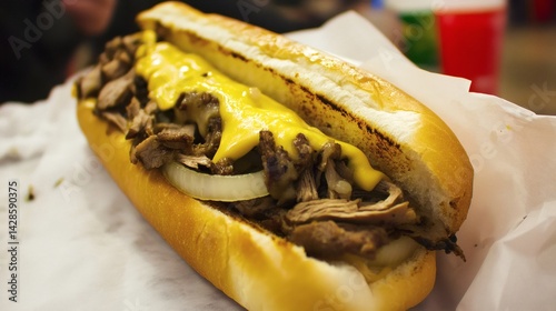 Close-up view of a savory, loaded, Philly cheesesteak sandwich.