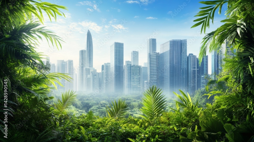 Naklejka premium Lush jungle framing a modern metropolis cityscape in a hazy morning light.