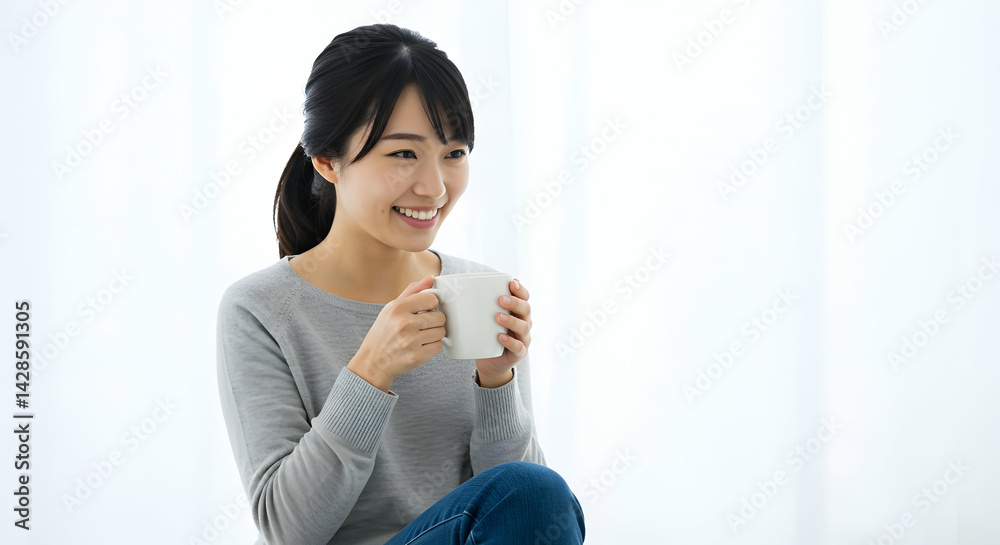 Young Asian woman enjoying a warm cup of coffee or tea at home peaceful morning relaxation beverage break Young Asian woman enjoying a warm cup of coffee or tea at home peaceful morning relaxation beverage break
