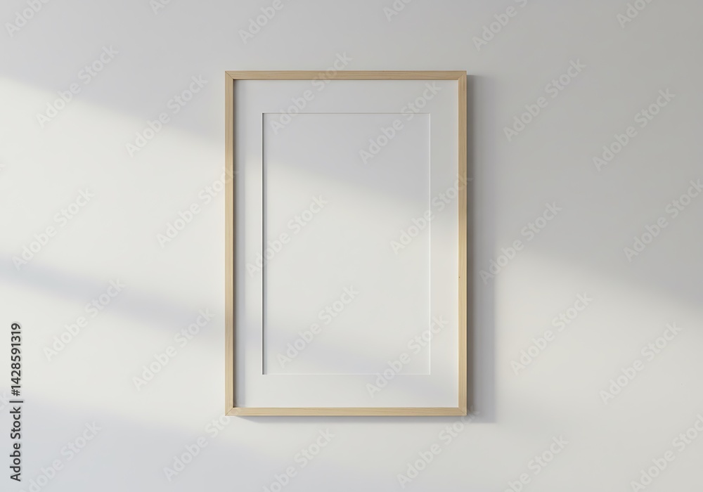 Empty rectangular picture frame hanging on a white wall, with soft lighting, front angle, central space free for customization. Empty rectangular picture frame hanging on a white wall, with soft lighting, front angle, central space free for customization.