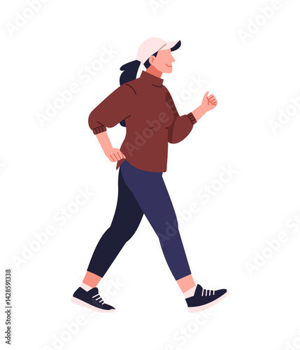 Flat vector illustration of sporty woman with hat walking isolated on white background