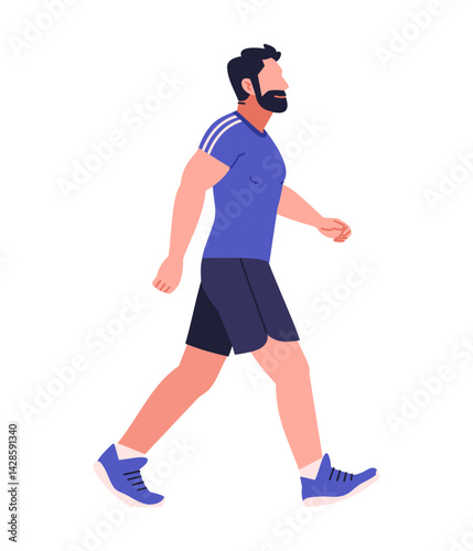Flat vector illustration of sportsman with muscle in sportswear walking isolated on white background