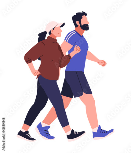 Flat vector illustration of couple man and woman in sportswear walking together isolated on white background