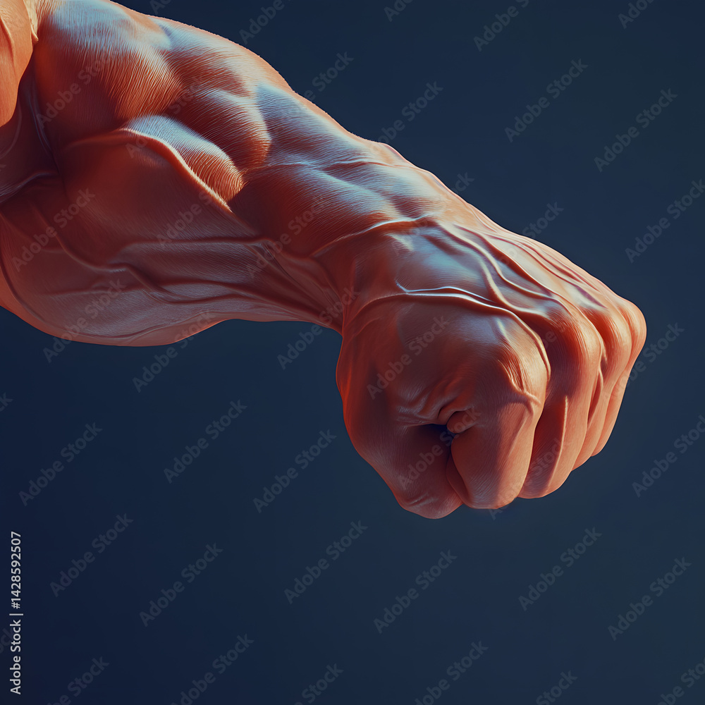 Macro closeup of muscular male arm flexing under dramatic lighting with sharp shadows, revealing defined veins and bicep structure, captured to emphasize strength, anatomy, power in motion.