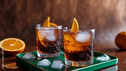 Luxury pop Negroni cocktail with equal parts gin, bitter, and vermouth, vibrant and opulent in presentation.