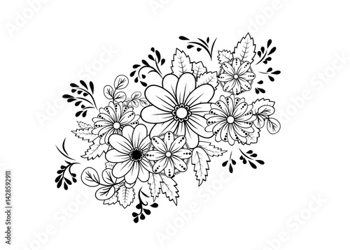 Elegant Black and White Floral Illustration. Intricate Hand-Drawn Flower Bouquet with Leaves and Ornamental Details. Vector Line Art for Coloring, Tattoos, Invitations, and Decorative Design.