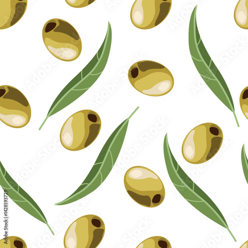 Seamless pattern of olives with green leaves isolated on white background. Vector flat illustration. Design for textile, wallpaper, wrapping, background
